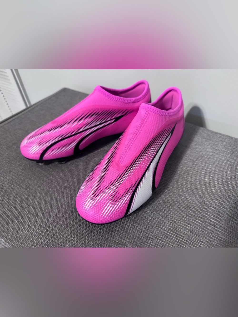 Puma Kids Hot Pink Slip-On Soccer Cleats with Black & White Accents
